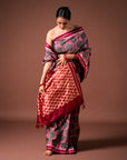Bibhu Mohapatra Pink & Grey Mulberry Silk Pochampally Ikat Saree