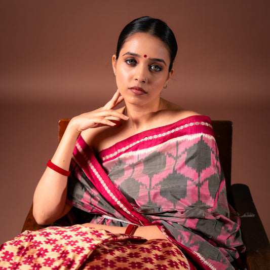 Bibhu Mohapatra Pink & Grey Mulberry Silk Pochampally Ikat Saree Ikatan