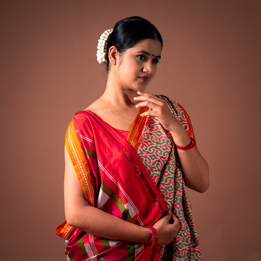 Bibhu Mohapatra Orange & Green Mulberry Silk Pochampally Ikat Saree Ikatan