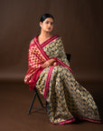 Bibhu Mohapatra Grey & Red Mulberry Silk Pochampally Ikat Saree Ikatan