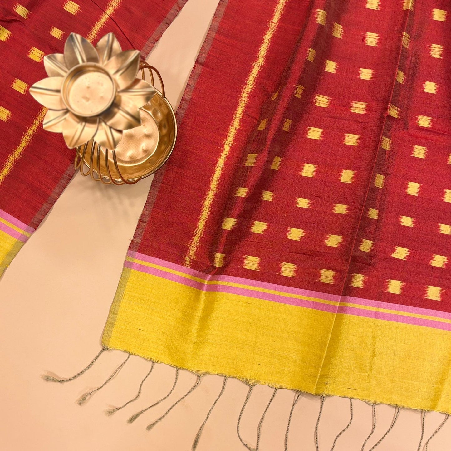Brick Red & Yellow Mulberry Silk Odisha Ikat Stole
