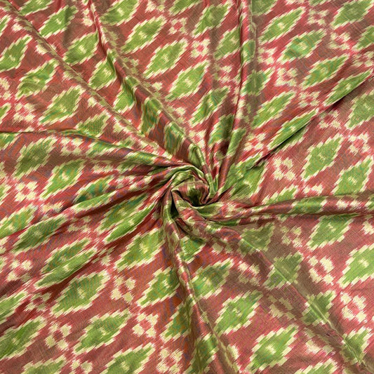 Dark Pink and Green Mulberry Silk Pochampally Ikat Fabric