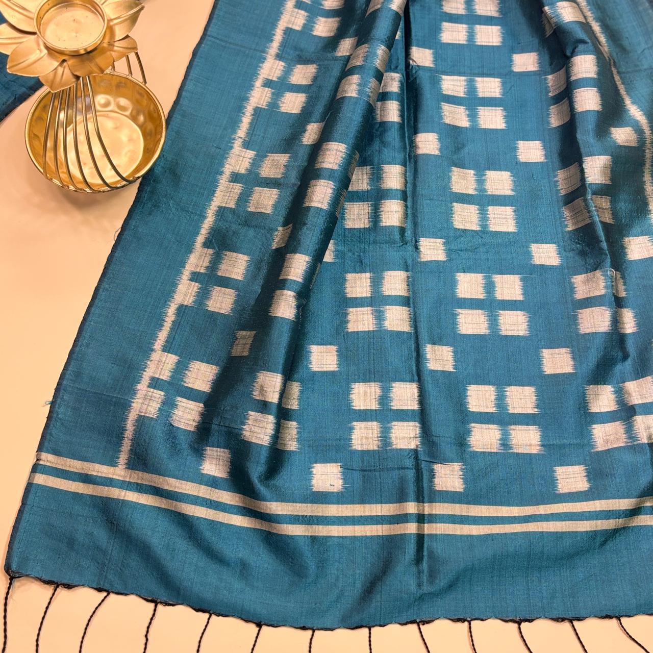 Teal Blue and Silver Mulberry Silk Odisha Ikat Stole