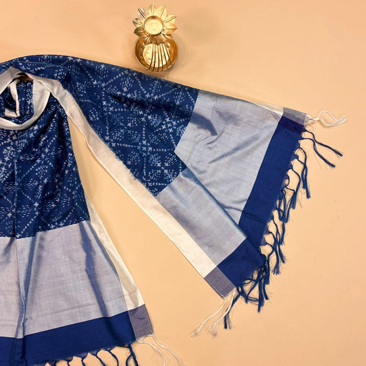 Navy Blue and White Mulberry Silk Odisha Ikat Stole