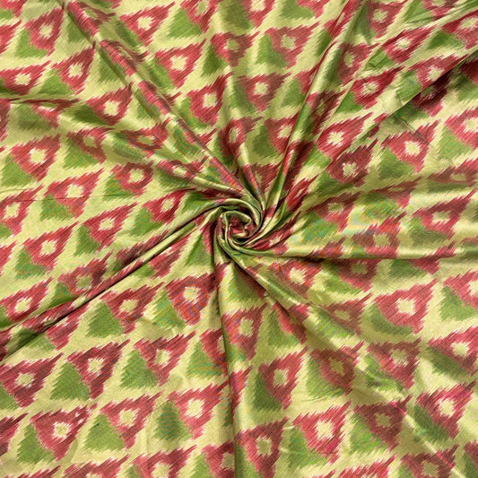 Green & Dark Pink Mulberry Silk Pochampally Ikat Fabric