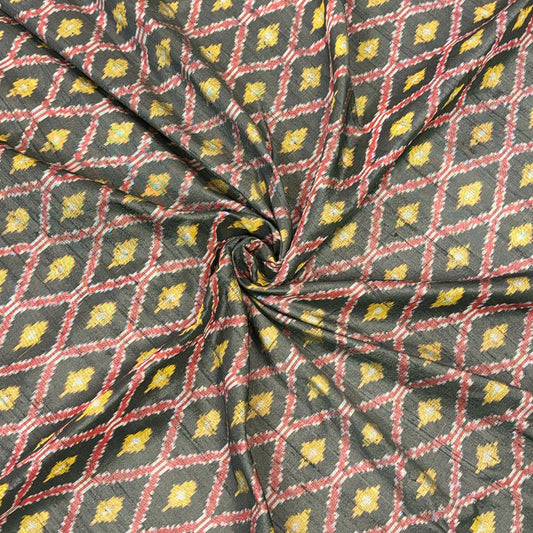 Black Raw Silk Pochampally Diamond Ikat Fabric