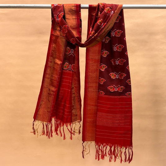 Maroon & Red Mulberry Silk Pochampally Ikat Dupatta