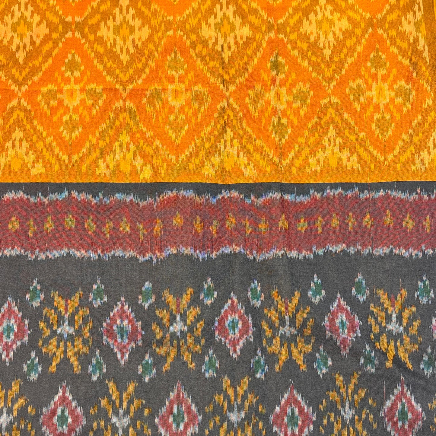 Ochre Yellow & Black Mulberry Silk Pochampally Ikat Dupatta