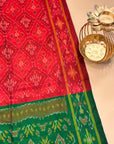 Red & Green Mulberry Silk Pochampally Ikat Dupatta