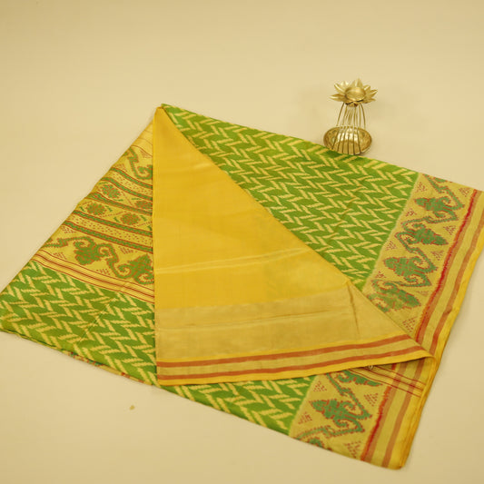 Bright Mustard Yellow & Green Tassar Silk Pochampally Ikat Saree