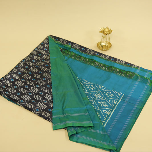 Navy Blue & Peacock Green Mulberry Silk Pochampally Ikat Saree
