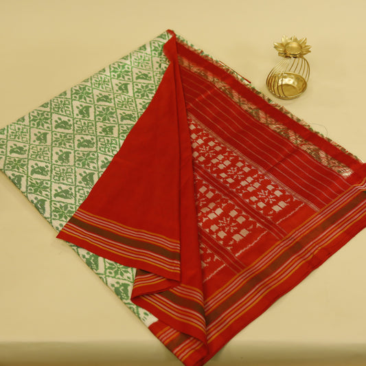Cream-Green & Red Mulberry Silk Patola Ikat Saree