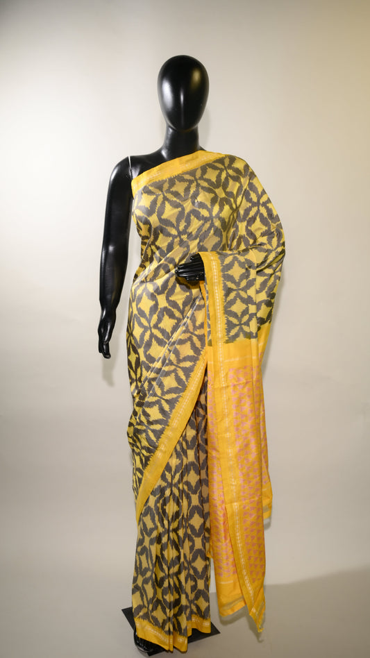 Bibhu Mohapatra Yellow & Grey Mulberry Silk Pochampally Ikat Saree
