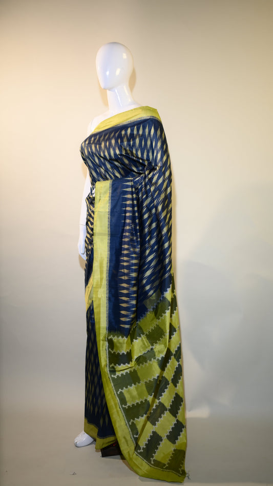 Bibhu Mohapatra Navy Blue & Lime Green Mulberry Silk Odisha Ikat Saree