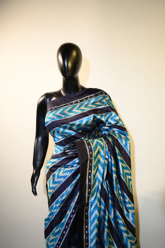 Bibhu Mohapatra Blue Mulberry Silk Odisha Geometric Ikat Saree