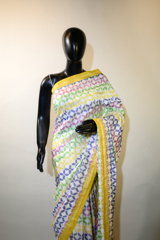 Bibhu Mohapatra Yellow & White Mulberry Silk Pochampally Ikat Saree