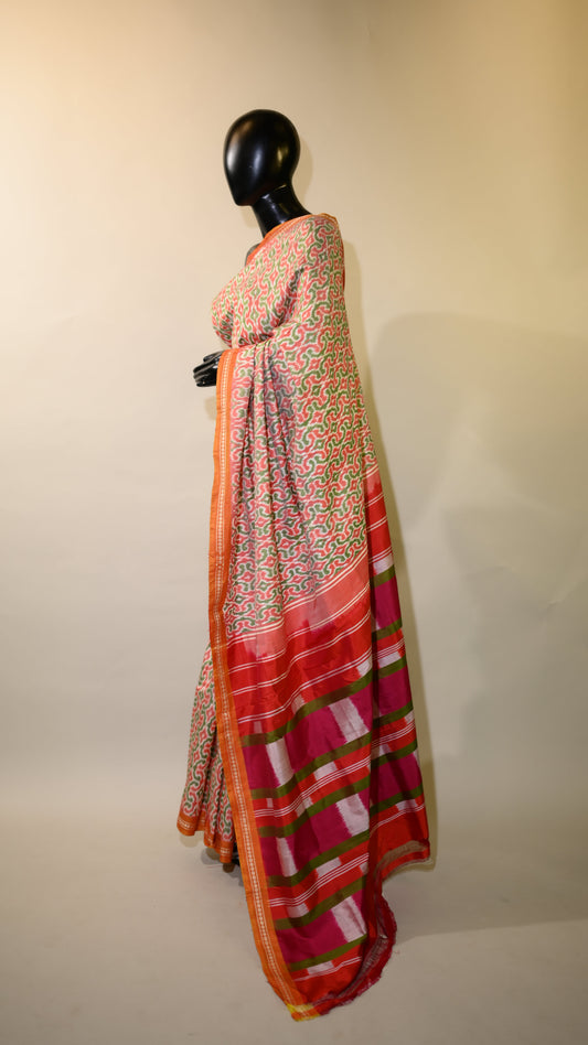 Bibhu Mohapatra Orange & Green Mulberry Silk Pochampally Ikat Saree