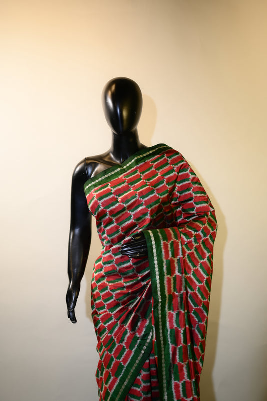 Green & Red Mulberry Silk Pochampally Ikat Saree