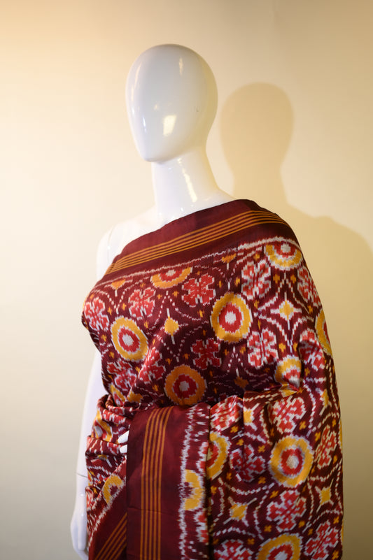 Maroon & Yellow Mulberry Silk Pochampally Ikat Saree