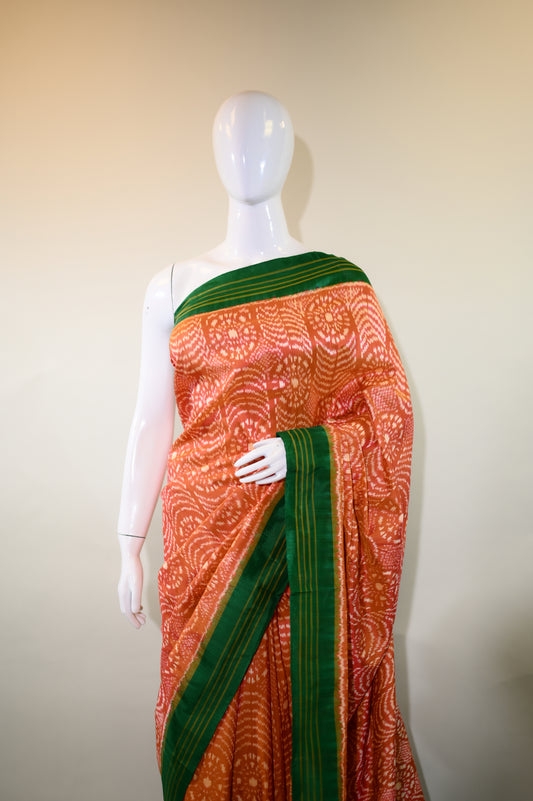 Rust Orange & Green Mulberry Silk Pochampally Ikat Saree