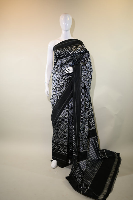 Grey & Navy Blue Mulberry Silk Pochampally Ikat Saree
