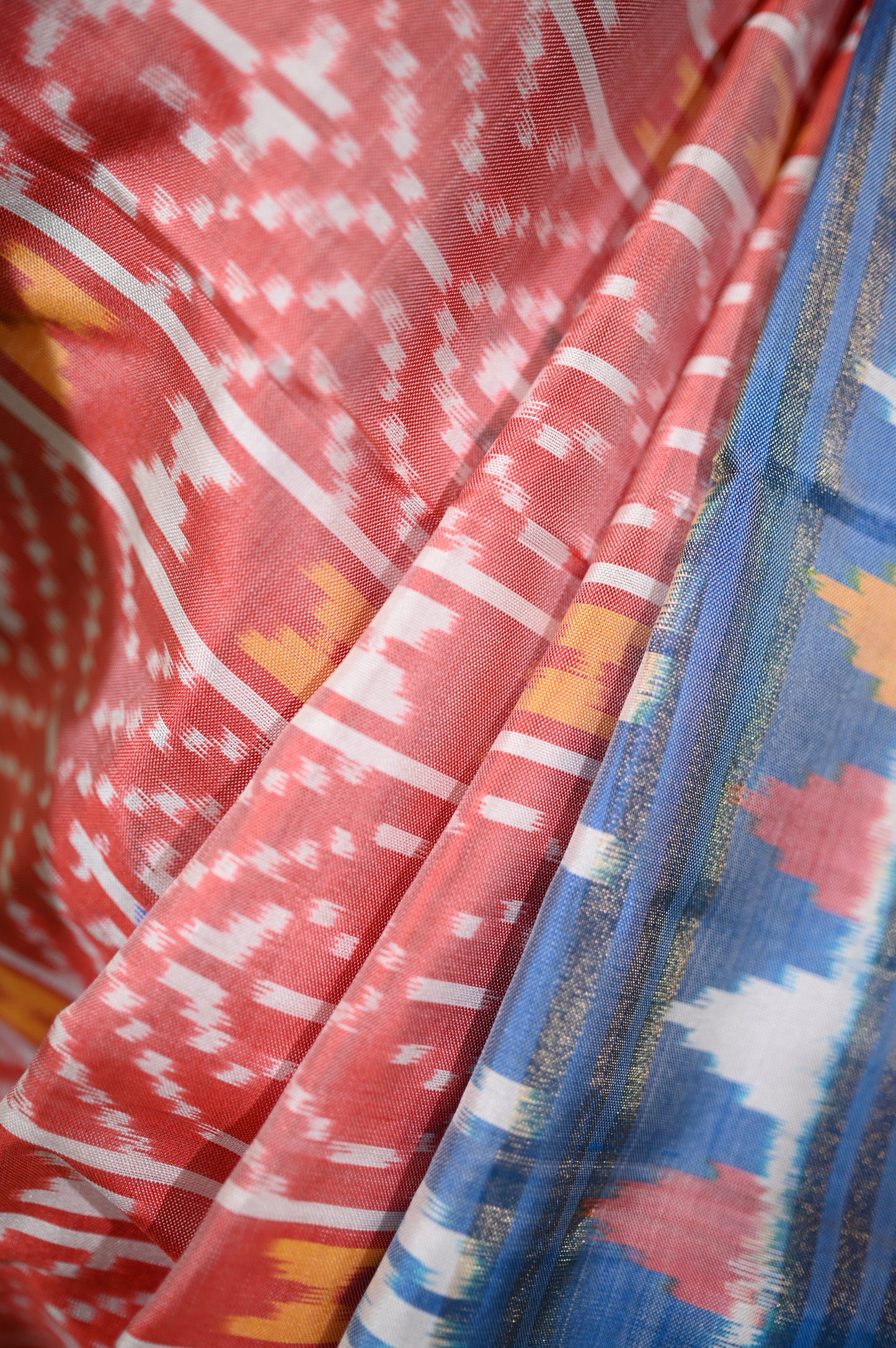 Brick Red & Light Blue Mulberry Silk Pochampally Ikat Saree
