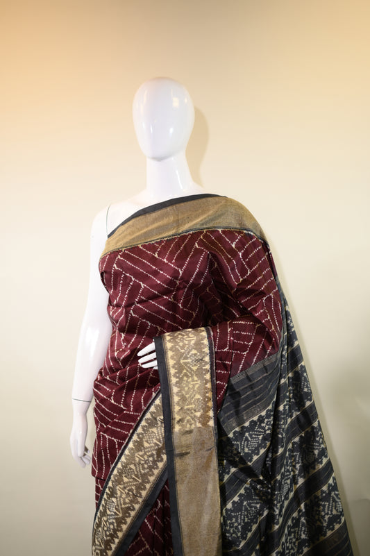 Dark Burgundy & Dark Grey Mulberry Silk Pochampally Ikat