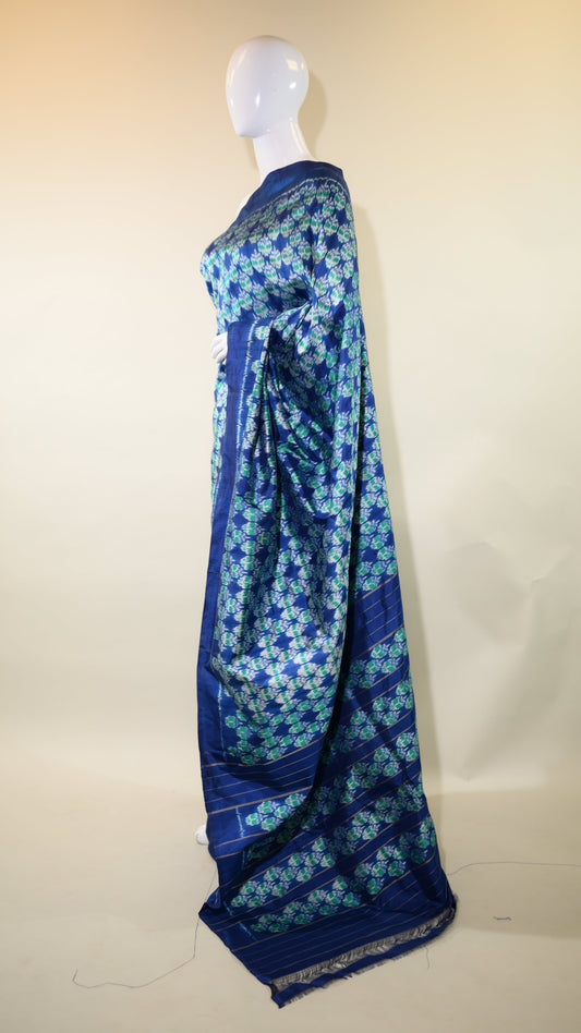 Blue & Sea Green Mulberry Silk Pochampally Geometric Ikat Saree