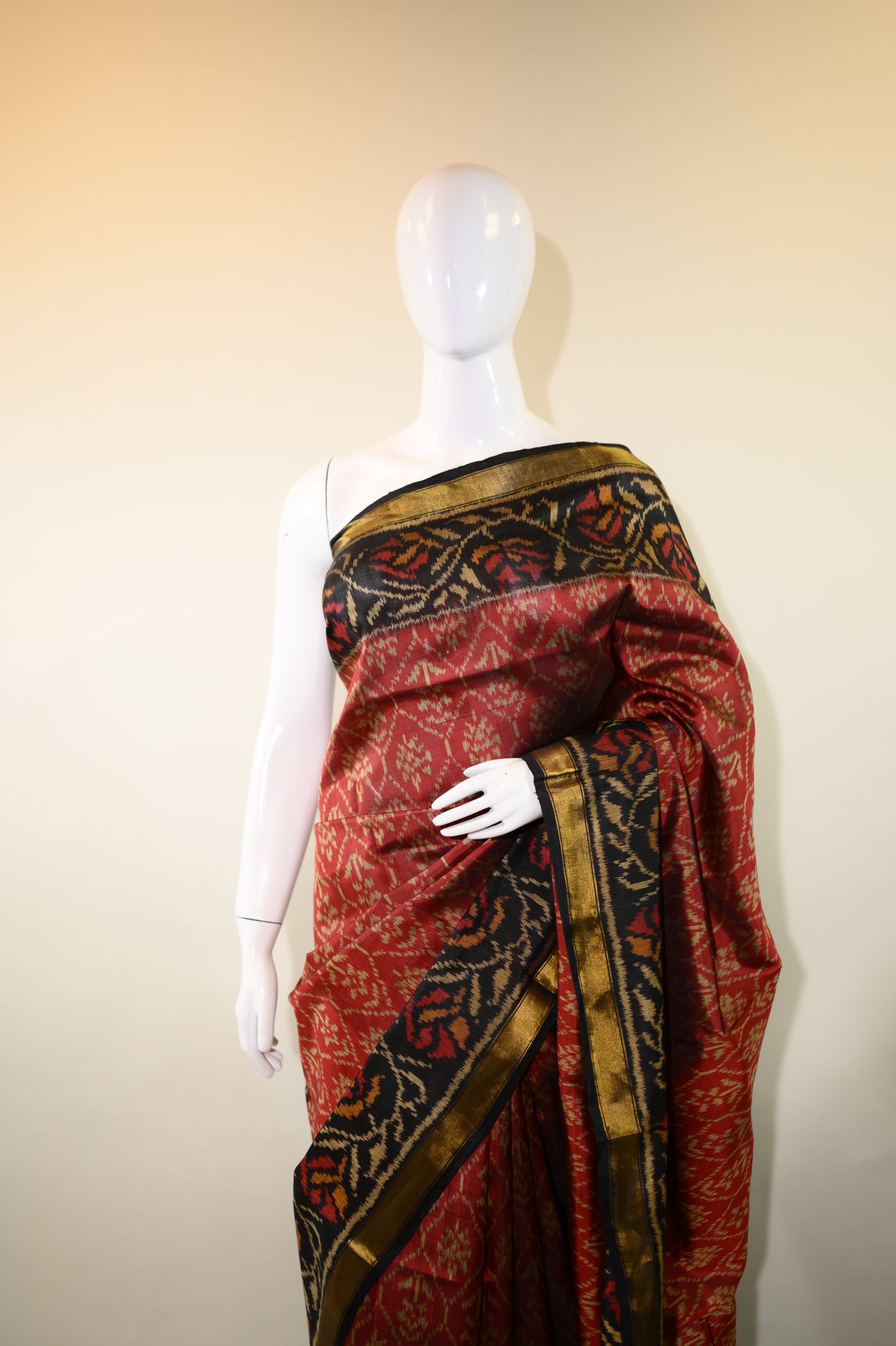 Maroon & Golden Mulberry Silk Patola Ikat Saree