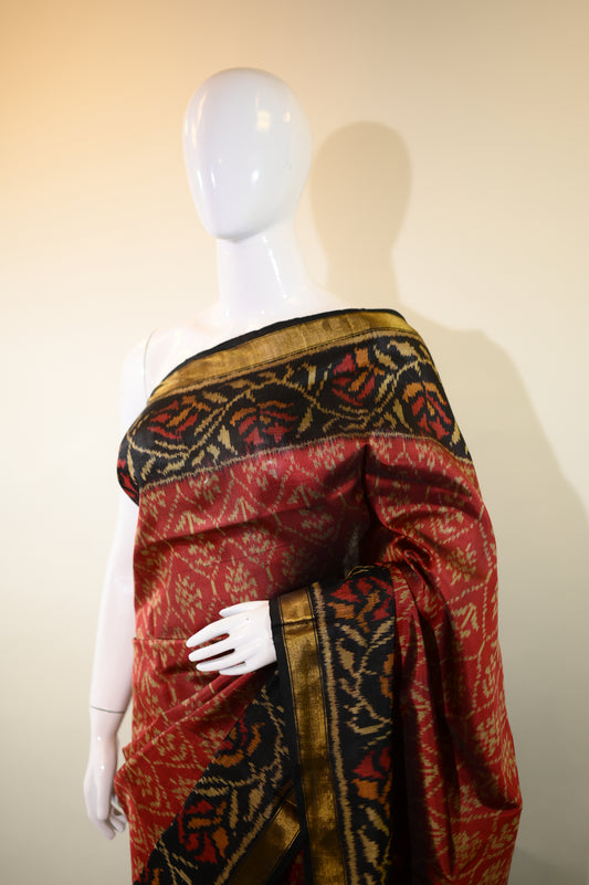 Maroon & Golden Mulberry Silk Patola Ikat Saree