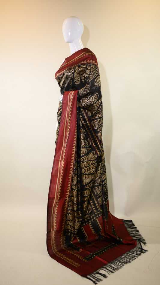 Poonam Bhagat Black & Maroon Mulberry Silk Gujarat Ikat Saree