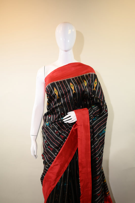 Red & Black Mulberry Silk Odisha Double Warp Ikat Saree