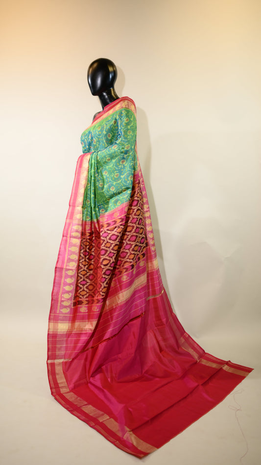 Dual tone green & Pink Mulberry Silk Patola Ikat Saree