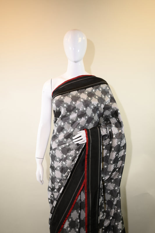 Grey & Black Mulberry Silk Pochampally Double Warp Ikat Saree