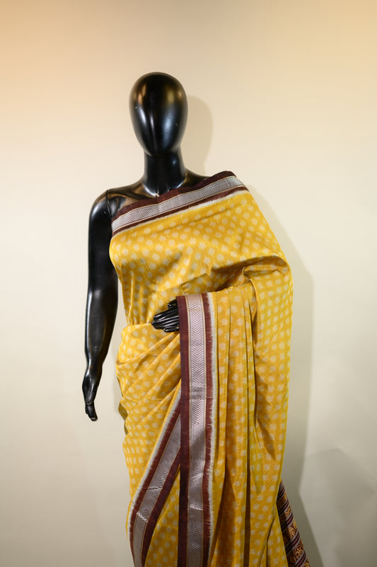 Dark Yellow & Brown Mulberry Silk Odisha Ikat Saree