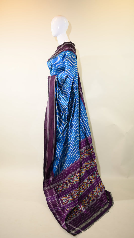 Electric Blue & Indigo Mulberry Silk Pochampally Ikat Saree