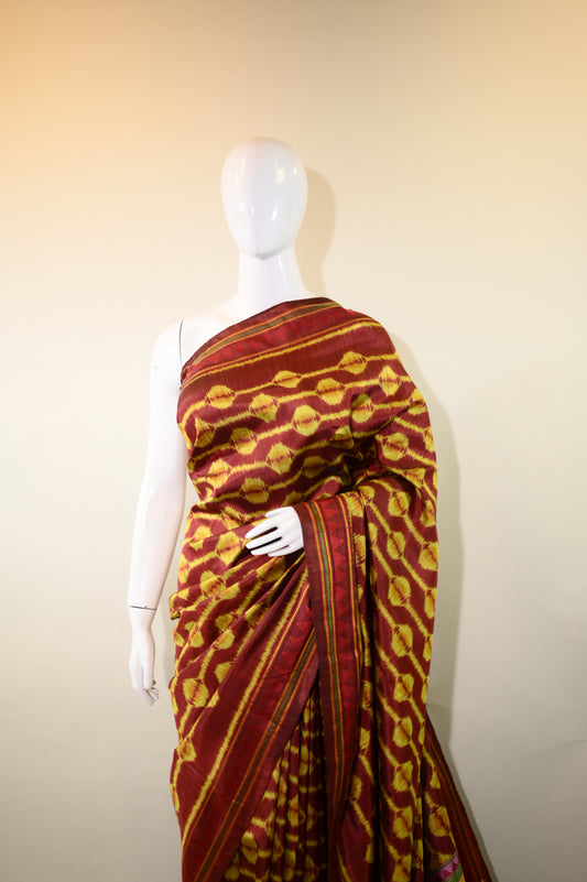 Maroon & Orangish Yellow Mulberry Silk Odisha Ikat Saree