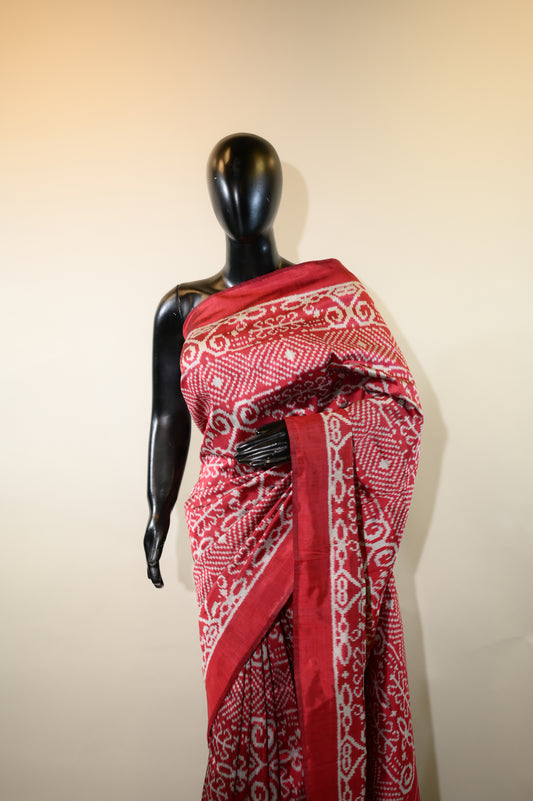 Maroon & Silver Mulberry Silk Odisha Ikat Saree