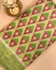 Green & Dark Pink Mulberry Silk Pochampally Ikat Fabric