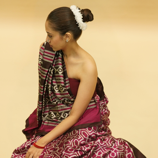 Magenta & Brown Mulberry Silk Odisha Ikat Saree