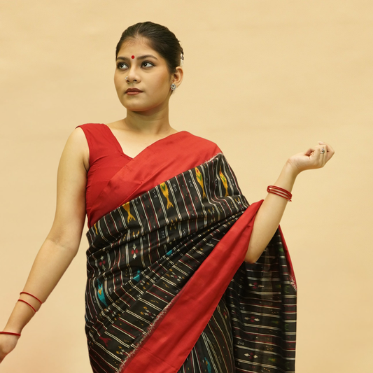 Red & Black Mulberry Silk Odisha Double Warp Ikat Saree