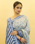 Grey, Blue & White Mulberry Silk Pochampally Ikat Saree