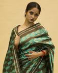 Green & Dark Grey Mulberry Silk Pochampally Ikat Saree