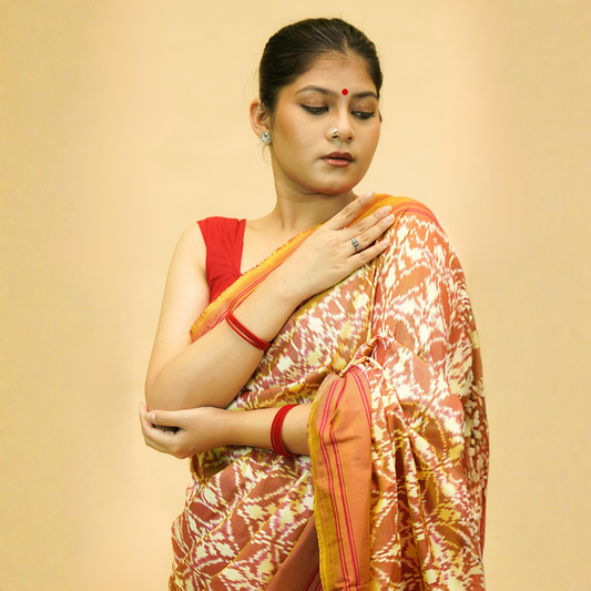 Rust Orange & White Mulberry Silk Pochampally Ikat Saree