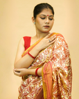 Rust Orange & White Mulberry Silk Pochampally Ikat Saree
