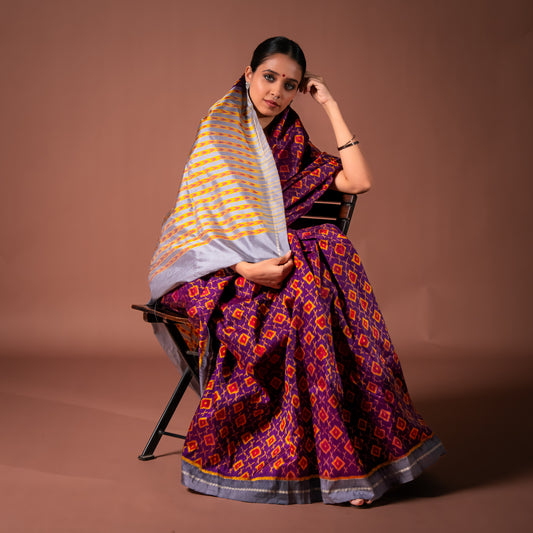 Bibhu Mohapatra Dark Purple & Orange Mulberry Silk Odisha Ikat Saree Ikatan
