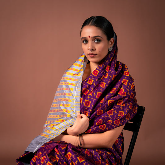 Bibhu Mohapatra Dark Purple & Orange Mulberry Silk Odisha Ikat Saree Ikatan