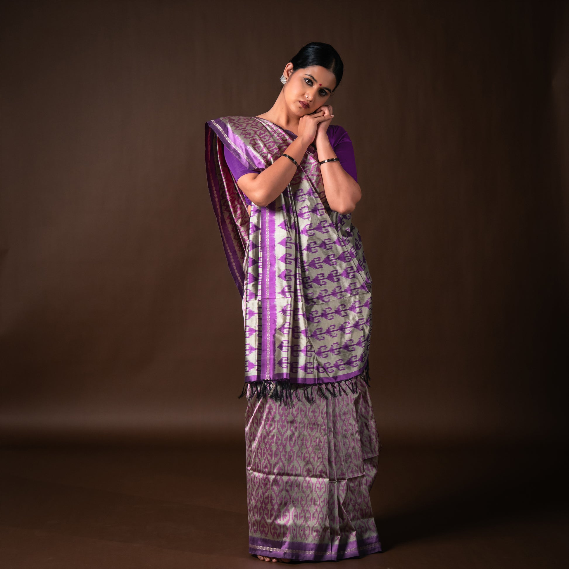 Bibhu Mohapatra Purple & Silver Mulberry Silk Pochampally Ikat Saree Ikatan