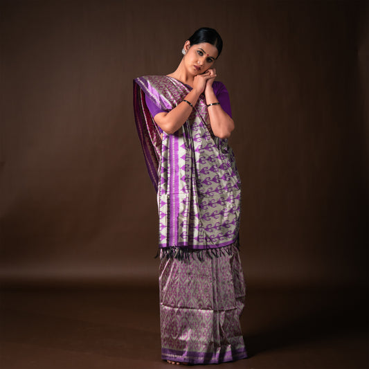 Bibhu Mohapatra Purple & Silver Mulberry Silk Pochampally Ikat Saree Ikatan
