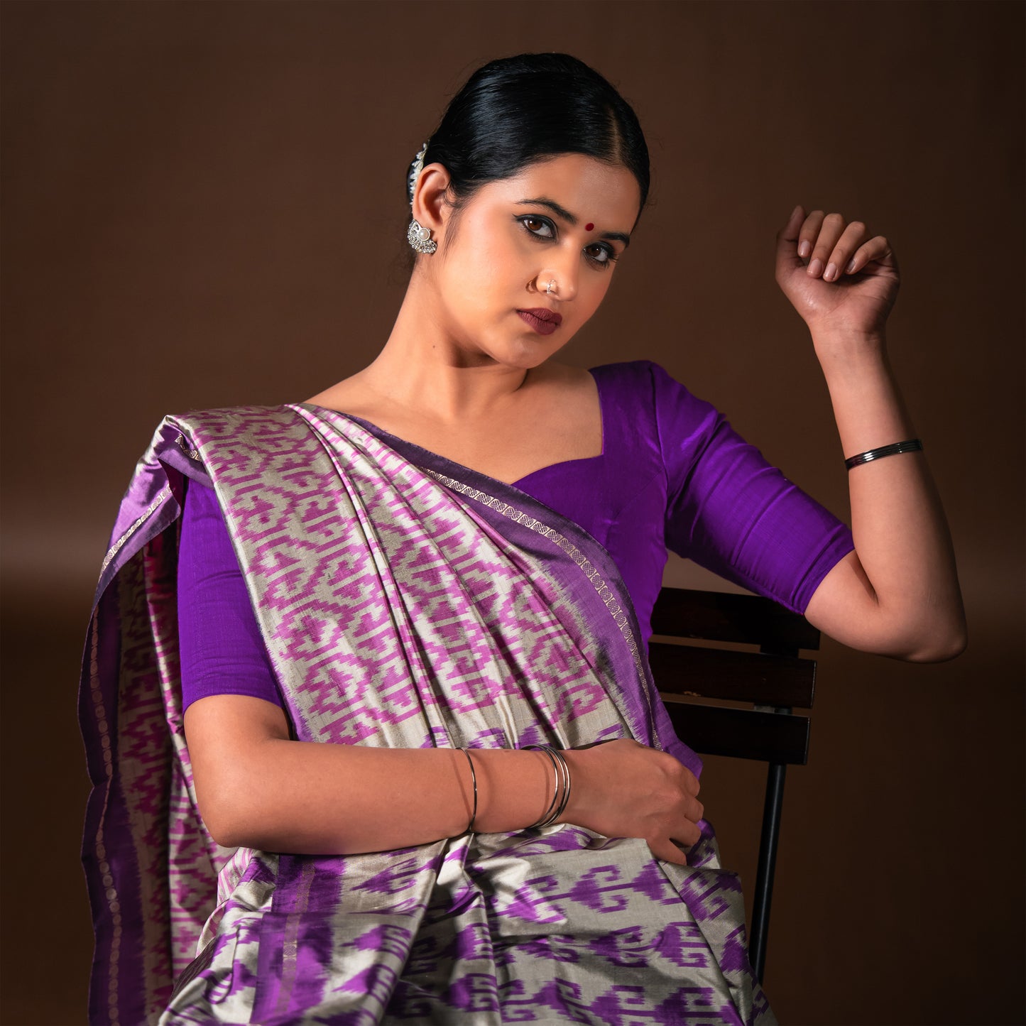 Bibhu Mohapatra Purple & Silver Mulberry Silk Pochampally Ikat Saree Ikatan